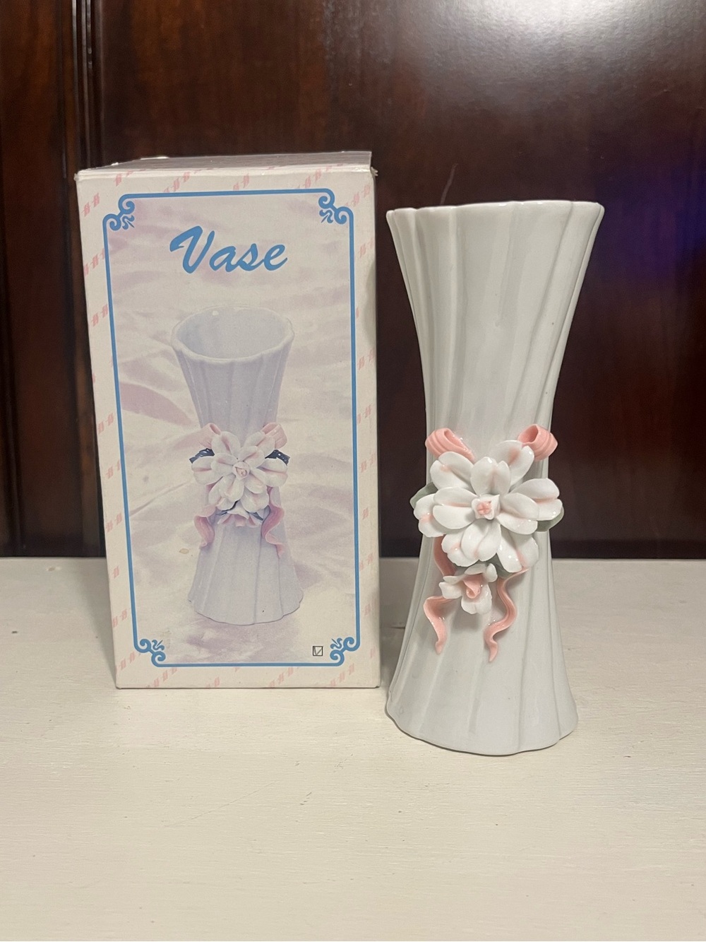 Vintage White Ceramic Floral Accent Vase with Pink Ribbon Detail